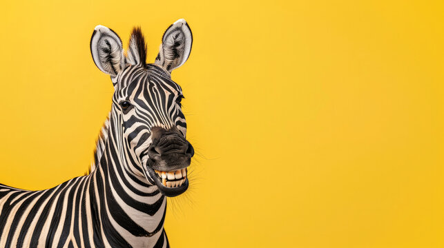 A joyful zebra with a wide smile presents an eye-catching contrast against a bold yellow background, evoking happiness