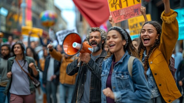 Multicultural group of people actively participating in a street protest with banners and a megaphone, advocating for change.