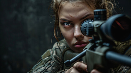 A close-up image of a female soldier in camouflage gear holding a sniper rifle, showcasing military precision and focus