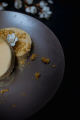 Chocolate ice cream scoop in white bowl with mint leaves on sand color stone background. Summer food concept with copy space.