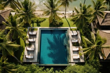 Luxury villa with pool and palm trees, tropical seaside resort. Top view