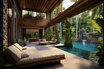 The interior of a luxury villa with a swimming pool, a tropical resort, palm trees