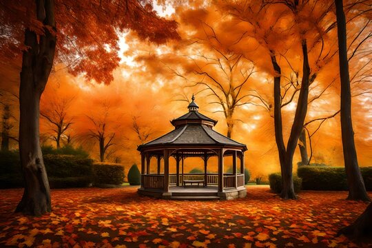 A charming gazebo, where the surrounding trees are ablaze with autumn colors.