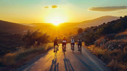 A group of cyclists enjoying a ride through rolling hills during a picturesque sunset, depicting an active outdoor lifestyle