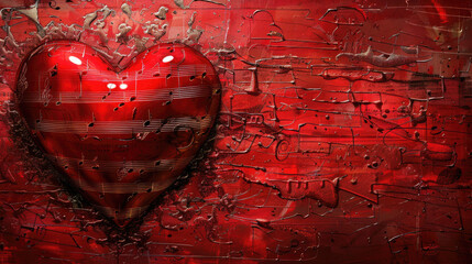 A striking abstract representation of a red heart with musical notes and a grungy texture