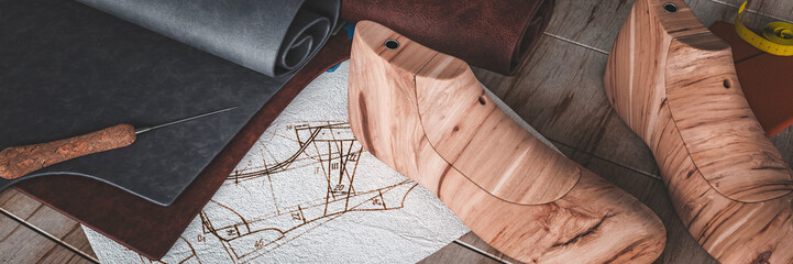Traditional leather work to make shoes concept with tools and knives on a work bench 3d render