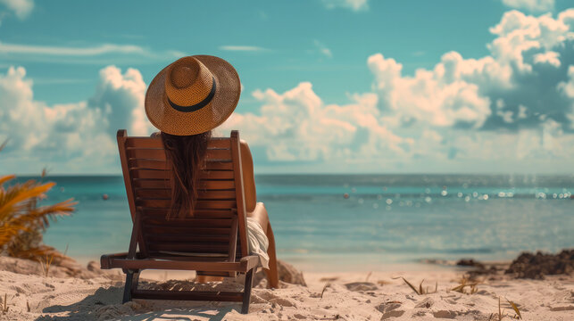 A woman in peaceful solitude sits facing the ocean, the sun hat implying relaxation and the pleasure of a beach day