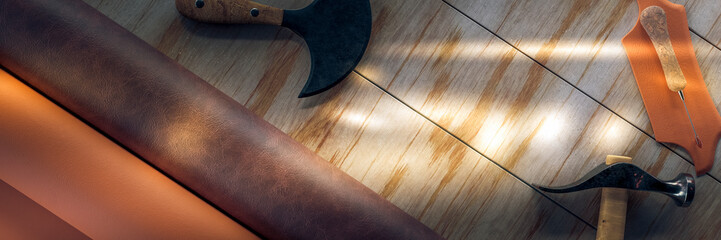 Traditional leather work to make shoes concept with tools and knives on a work bench 3d render