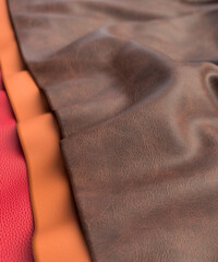 Various coloured sheets of raw leather ready to be used in production at a workshop 3d render