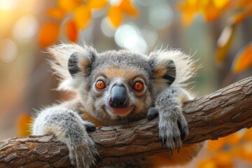 Fototapeta premium An adorable ring-tailed lemur with vivid orange eyes gripping a tree branch, set against a smooth background