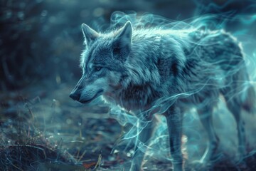 A wolf calmly walking through a dense forest filled with tall trees, its gaze focused ahead as it blends into the natural surroundings