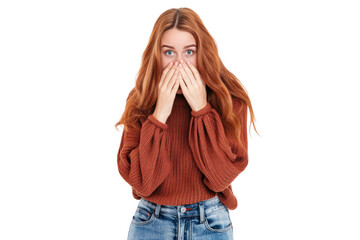 Young red head woman wearing casual clothes and jeans shocked, isolated on white or transparent