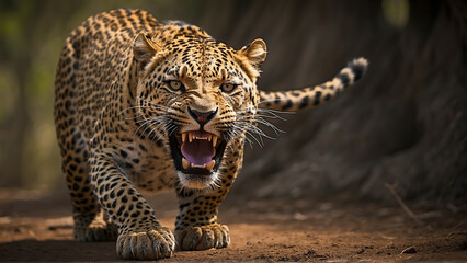 Portrait of an angry leopard in forest  - obrazy, fototapety, plakaty