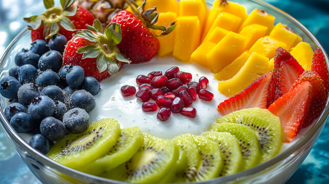 blog post of a fruit bowl, yogurt in the middle, sliced mango, pineapple circles, kiwi, strawberries, blueberries, pomegranate seeds. A glass bowl. The colourful kitchen is well lit. The image should 