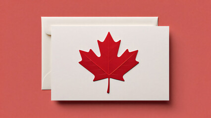 A postcard dedicated to Canada Day, which depicts an envelope and a card with a drawing of the country's symbol - a red maple leaf. Texture background, minimalism style