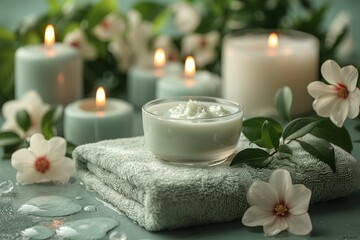 Fototapeta na wymiar A serene spa setup featuring lit candles, white cream in a bowl, and fresh flowers, evoking relaxation and self-care
