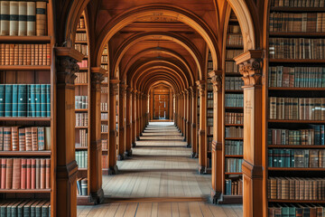 Fototapeta na wymiar A long, narrow library with many bookshelves