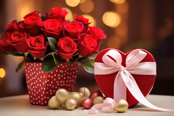 A bouquet of red roses sits next to a red heart-shaped box