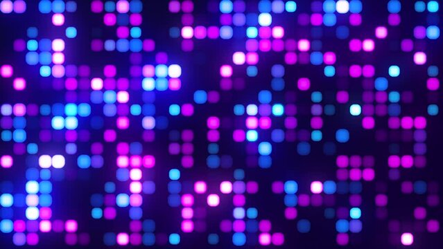 Neon bright disco lights background. Glowing disco party animation. Pink and blue disco wall lights. Night club, music video, LED screen and projector, glamour and fashion event, jazz, pop. 4k.