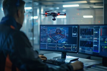 Technician Monitoring Drone Flight Path on Computer Screens
