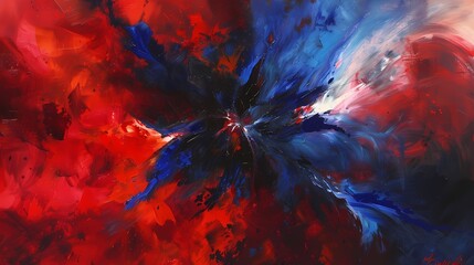 Scarlet red and electric blue burst forth, creating a dramatic and intense abstract display reminiscent of a fiery explosion.