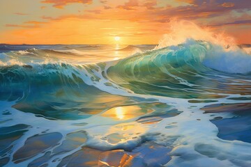 Colorful seascape, sea with waves at sunset.  - obrazy, fototapety, plakaty