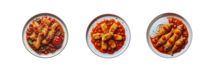 Set of delicious Fried fish pieces with tomato sauce in a plate, top view, illustration, isolated over on transparent white background