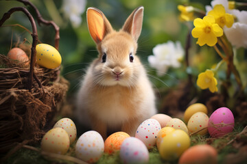 Easter Bunny Amidst Spring Flowers with Colorful Eggs - Powered by Adobe
