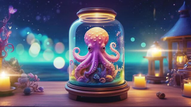 Magical jar with octopus in unopenable dream jar. Concept of fantasy, dream, magical realism, enchantment, fairy tale. Digital art style looping video for social media or video background