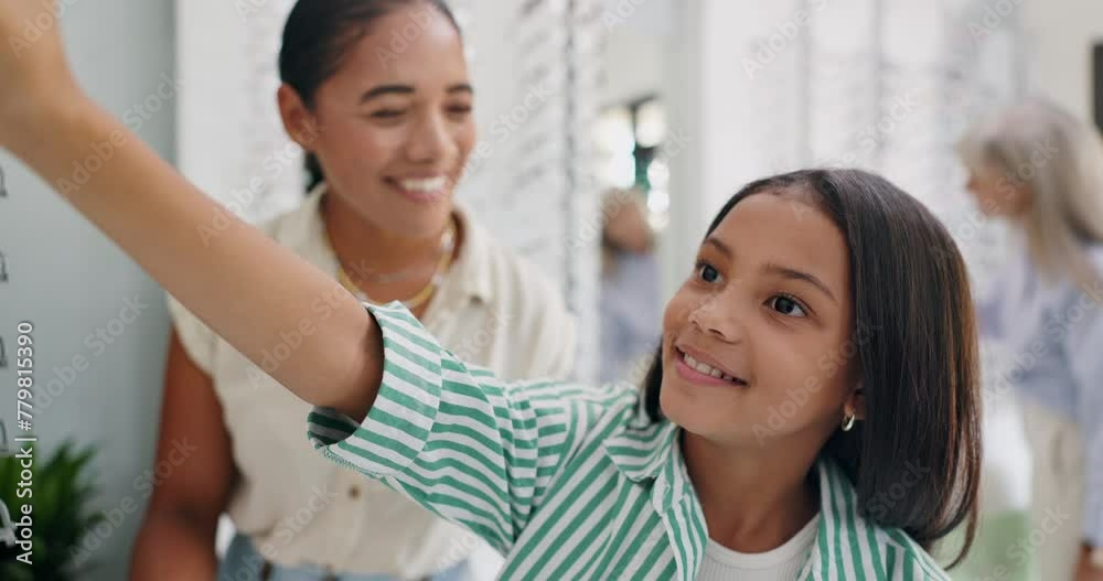 Sticker Optometrist, child and mother for glasses in store with check, choice and decision for frame style with eyesight problem. Mom, girl and customer or shopping for spectacles or eyeglasses at eye clinic