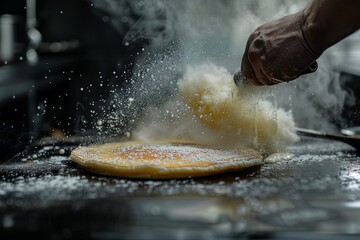 Hot Pancakes Mid-Flip, Sprinkling Powder in the Kitchen - obrazy, fototapety, plakaty