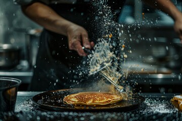 Chef Flipping Pancakes on a Griddle with Precision - obrazy, fototapety, plakaty