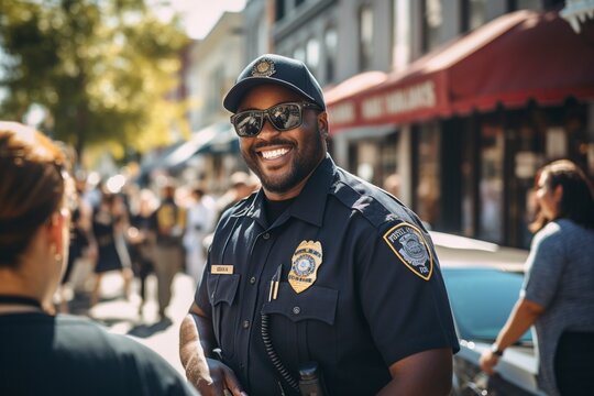 An African American policeman stands on a city street and smiles while looking at the camera.