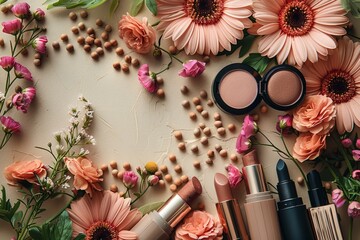 Beauty and nature blend in a flat lay composition with flowers and makeup essentials artistically arranged