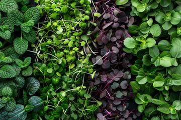 Different types of healthy organic microgreens close-up top view. Eco vegan healthy lifestyle bio background. Green natural wallpaper. Vitamin Organic Superfood. - obrazy, fototapety, plakaty