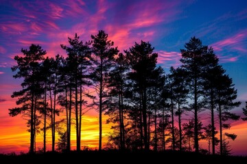 Dramatic Sky at Dusk Behind Silhouetted Pine Trees