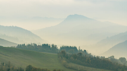 Misty hills and mountains. Apennine Mountains near Bologna, Emilia-Romagna, Italy