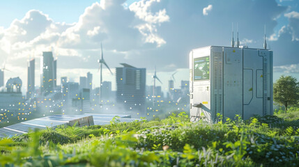 engineer with a tablet in hand looking to solar string inverter with wind and solar energy plants in background, green theme, bright sky, futuristic city scape, electric cars, photovoltaic panels