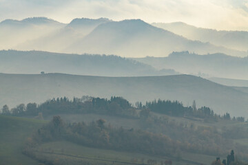 Misty hills and mountains. Apennine Mountains near Bologna, Emilia-Romagna, Italy