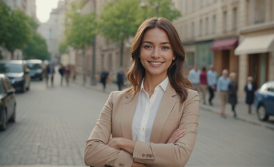 Fototapeta premium Young happy pretty smiling professional business woman, happy confident positive female entrepreneur standing outdoor on street arms crossed, looking at camera