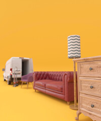 White van on a yellow background loading lots of household furniture concept 3d render