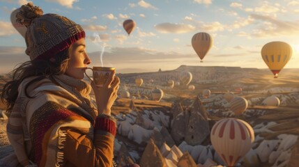 Woman drinking tea while looking at hot air balloons in the morning - obrazy, fototapety, plakaty