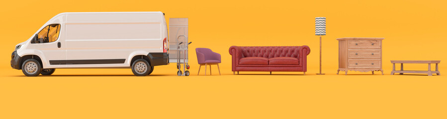 White van on a yellow background loading lots of household furniture concept 3d render