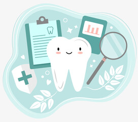 Happy Healthy Tooth Vector Flat Styled Illustration. Cute Kawaii Teeth for Dentistry Business