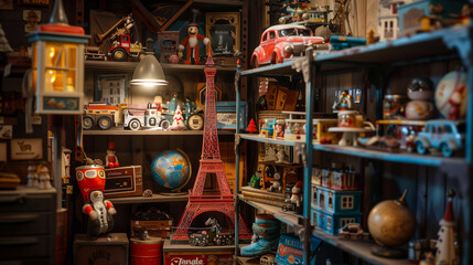 Nostalgic Toy Collection, Vintage Miniature Marketplace with Eiffel Tower