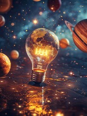Light bulb with a clear, radiant filament, set against a richly detailed solar system, all under high-quality, cinematic light.