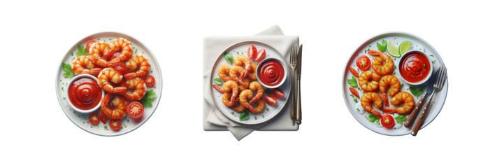 Set of delicious Fried shrimp with tomato sauce in a plate, top view, illustration, isolated over on transparent white background