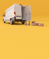 White van on a yellow background with a selection of delivery boxes being collectected concept 3d render
