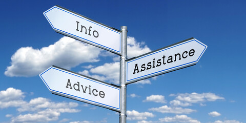 Fototapeta premium Info, advice, assistance - metal signpost with three arrows