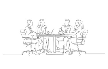 Continuous one line drawing of employees discussing project on table, business meeting concept, single line art.